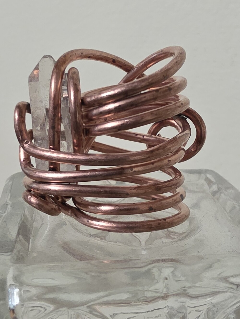 Handcrafted Handwrapped Copper Wire Wrapped Ring with Clear Quartz Crystal - Picture 8 of 15